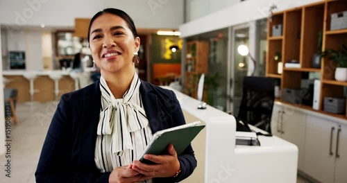 Smile, tablet and walking with hotel concierge in lobby for accommodation, planning or reservation. App, booking and hospitality with happy woman at work in reception for resort management schedule