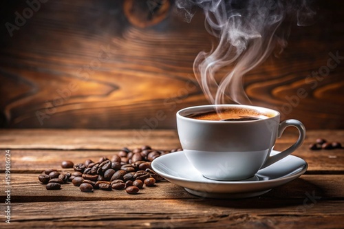 A white coffee cup with steam rising from it sits on a wooden table with a pile