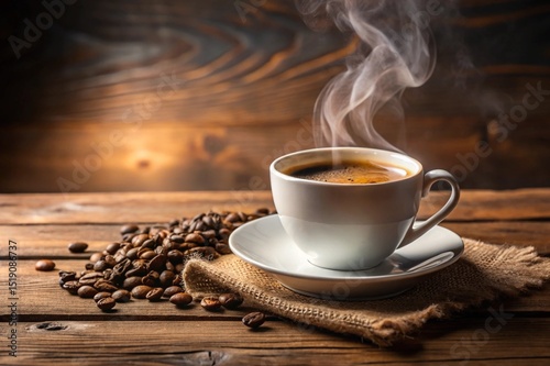 A white coffee cup with steam rising from it sits on a wooden table with a pile