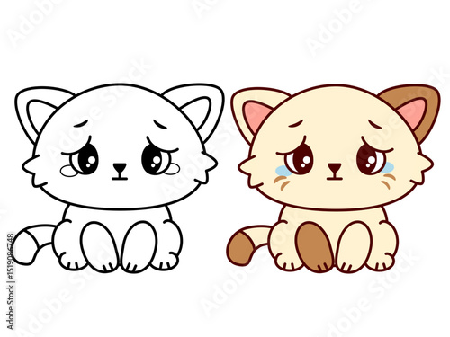 Sad cartoon kitten line art and colored version for kids coloring book, emotional character for educational printables, stickers, posters and nursery design isolated on white background. Vector