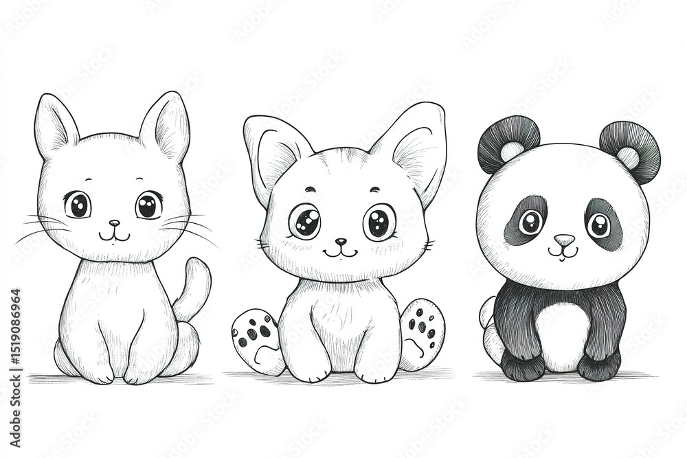 A fun arctic animal coloring book page with a polar bear, penguin, seal, and snow owl, hand-drawn with playful expressions