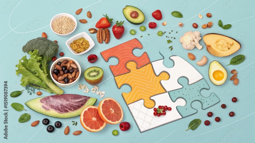 Fresh Ingredients and Puzzle Pieces Forming Healthy Meal Concept on Blue Background Fresh Ingredients and Puzzle Pieces Forming Healthy Meal Concept on Blue Background