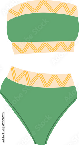 Green one-piece swimsuit without a bra. Summer women's clothing for vacation, for swimming. Fashionable swimwear. Stylish design and minimal details. Sketch of bikini