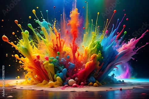 A vibrant explosion of rainbow colored paint creates an abstract and dynamic splash effect