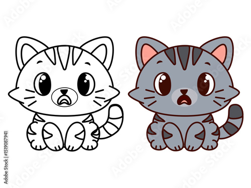 Surprised gray cartoon kitten in outline and color version, expressive cute cat character for kids coloring pages, emotional educational printables, sticker designs and nursery interior illustrations