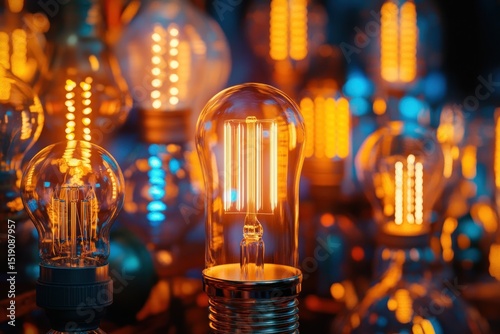 Futuristic render of LED-style bulb glowing among vintage unlit ones