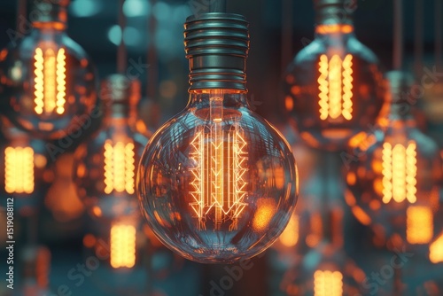 Futuristic render of LED-style bulb glowing among vintage unlit ones