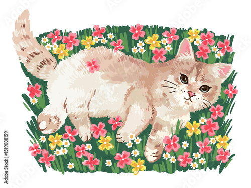 Cute cat resting in a flower meadow. 