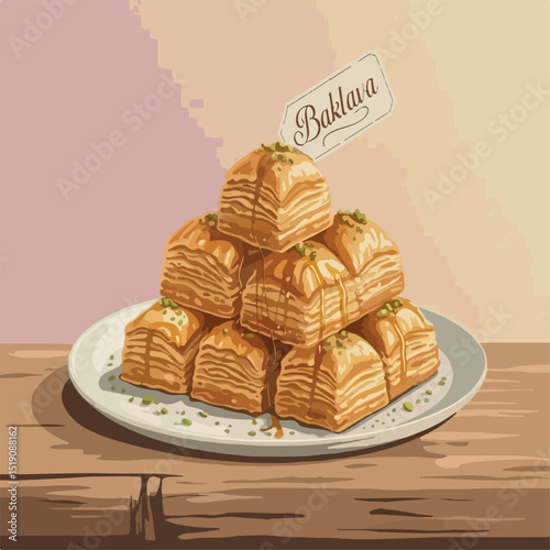 sweet, pastry, baklava, turkish, dessert, food, honey, background, bakery, traditional, illustration, isolated, pistachio, syrup, vector, snack, sugar, eastern, confectionery, dough, delicious, menu, 