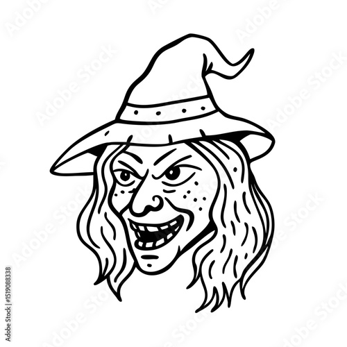 Hand drawn illustration of a halloween witch head isolate on white background 