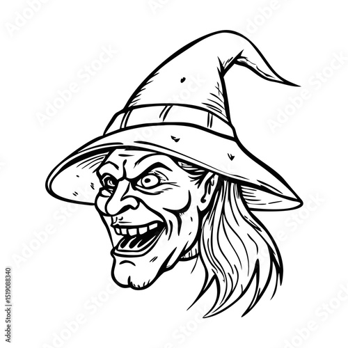 Hand drawn illustration of a halloween witch head isolate on white background 