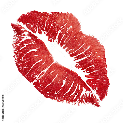A red lipstick kiss mark on a black background with a textured and slightly abstract appearance style
