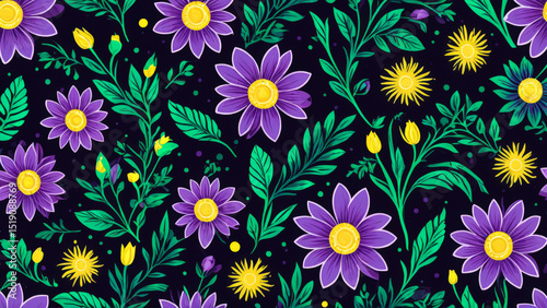 Wallpaper Mural Colorful pattern, beautiful different flowers on dark background. Artistic floral details and bright colors for creating vibrant and elegant design. Torontodigital.ca