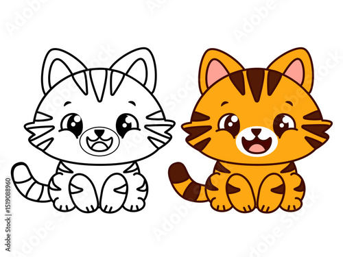 Smiling orange kitten in line art and color version. Great for children's coloring pages, educational designs, nursery prints, stickers and emotional printable activities. Vector illustration
