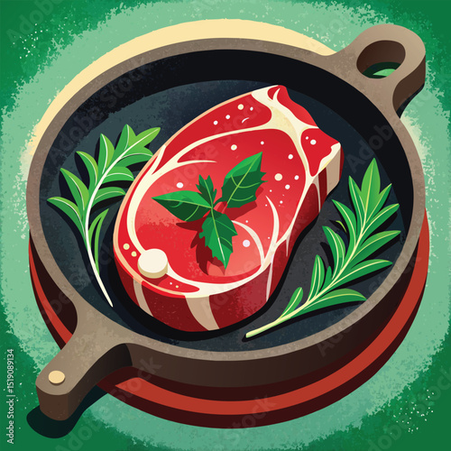 Gourmet Steak in Cast Iron: A beautifully illustrated culinary scene, showcasing a perfectly marbled steak in a rustic cast iron skillet, garnished with fresh herbs.