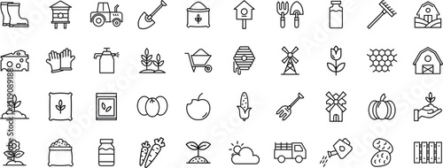Farm and Agriculture Line Icon Set – Farming Tools, Crops, Livestock, Barns, and Eco-Friendly Agricultural Concepts in Outline Style