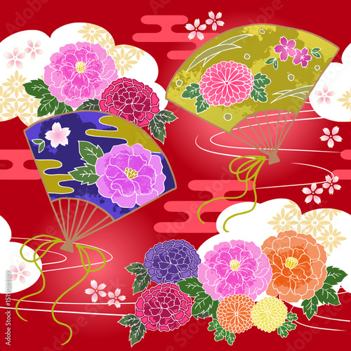 【和柄】華やかな扇と日本の花シームレスベクター素材（赤色、牡丹・桜・菊）