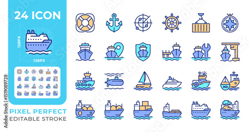 Maritime transport pixel perfect line color icons set. Transporting goods via sea routes. Shipping by watercraft. Vector illustrations. Simple flat colorful symbols collection. Editable stroke