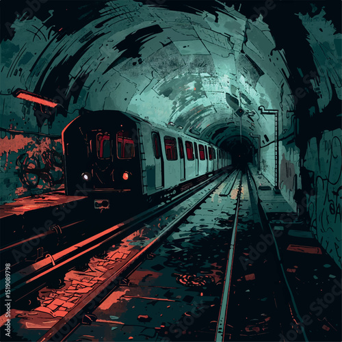 tunnel, illustration, subway, picture, people, railroad, art, station, line, image, train, drawing, sketch, writer, graffiti, metro, underground, print, dungeon, lantern, illegal, vandal, black, 