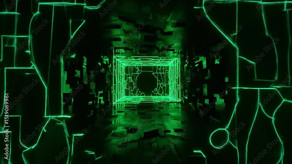 Techno-style green wireframe with irregular shapes glowing in black room