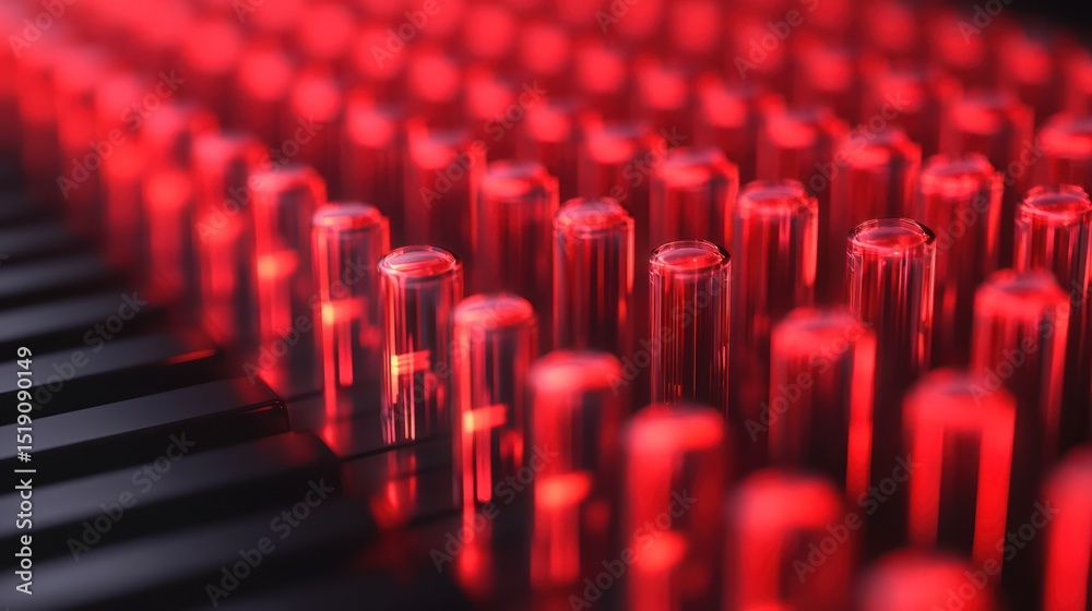 Obraz premium Close-up of illuminated red cylindrical elements above a dark surface. Intricate detail and a glowing effect