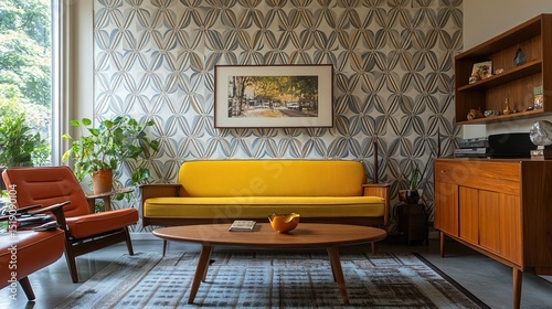 A mid-century modern living room with geometric wallpaper and stylish 1950s furniture 