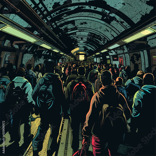 tunnel, illustration, subway, picture, people, railroad, art, station, line, image, train, drawing, sketch, writer, graffiti, metro, underground, print, dungeon, lantern, illegal, vandal, black, bandi