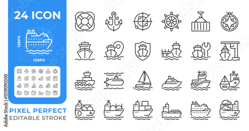 Maritime transport pixel perfect line icons set. Transporting goods via sea routes. Shipping by watercraft. Isolated vector outline illustrations. Thin lineart iconset symbols. Editable stroke