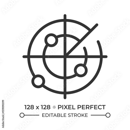 Marine radar pixel perfect line icon. Equipment detecting ships and land hazards. Collision avoidance. Isolated vector illustration. Outline symbol. Simple linear drawing. Editable stroke