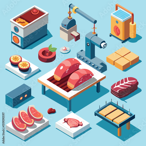 Isometric Illustration of Lab Grown Meat Production with Futuristic Technology