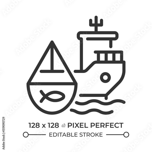Fishing vessel pixel perfect line icon. Ship designed to catch fish and aquatic animals. Maritime transport. Isolated vector illustration. Outline symbol. Simple linear drawing. Editable stroke