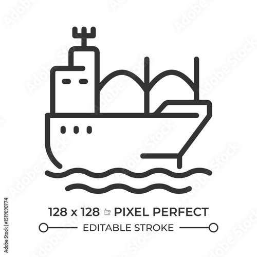 Bulk carrier pixel perfect line icon. Merchant ship transporting unpackaged cargo. Goods delivery by water. Isolated vector illustration. Outline symbol. Simple linear drawing. Editable stroke