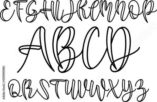 A stylish and elegant handwritten script alphabet set featuring decorative uppercase and lowercase letters A to Z. Designed with a fluid, looping calligraphy style, this set is perfect for wedding inv