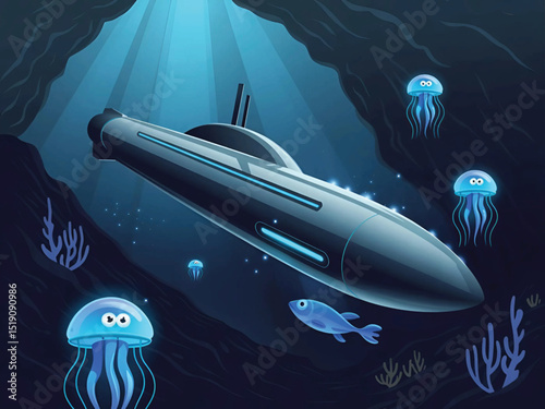 Submarine Exploration Underwater Scene with Jellyfish and Marine Life