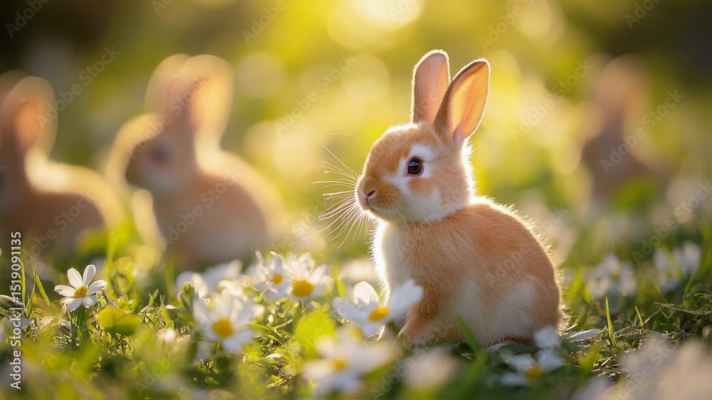 Enchanting Easter: A tableau of bunnies amidst a field of daisies at sunset