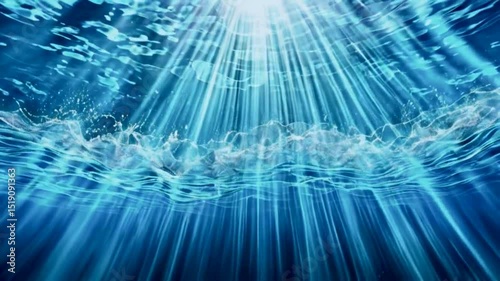 Underwater view of sunlight beams penetrating the water's surface.