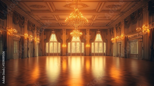 A luxurious 1800s ballroom with golden chandeliers, velvet drapes, and a polished dance floor 