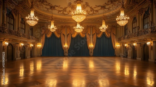A luxurious 1800s ballroom with golden chandeliers, velvet drapes, and a polished dance floor 