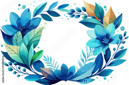 Circular floral garland with ocean blue petals and teal leaves, watercolor on white. on white background