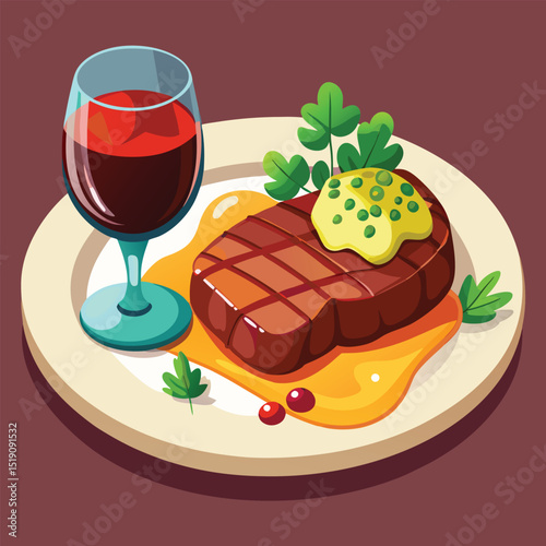 Gourmet Steak Meal with Wine: A culinary masterpiece awaits in this vibrant illustration, showcasing a succulent steak artfully presented with a side of flavorful accompaniments.