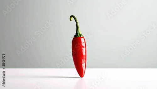 Single Red Chili Pepper with Green Stem on White Surface with Gray Background