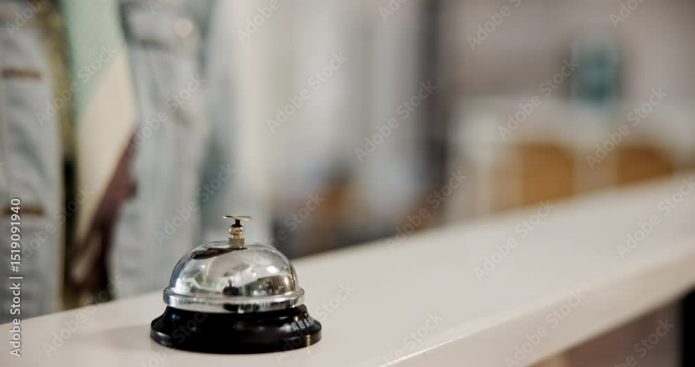 Hotel, reception desk and hand with bell to press, request help and urgent attention for service. Closeup, person and buzzer while waiting for booking, reservation or concierge signal for hospitality