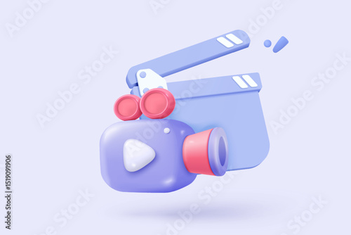 3d video camera icon isolated  with lens and button on pastel background. Realistic film movie icon, play button for streaming multimedia concept. 3d cinema record icon vector render illustration