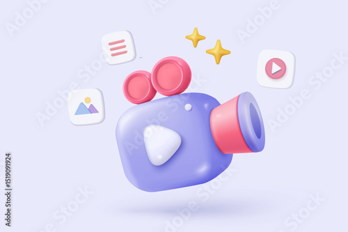 3d video camera icon isolated  with lens and button on pastel background. Realistic film movie icon, play button for streaming multimedia concept. 3d cinema record icon vector render illustration