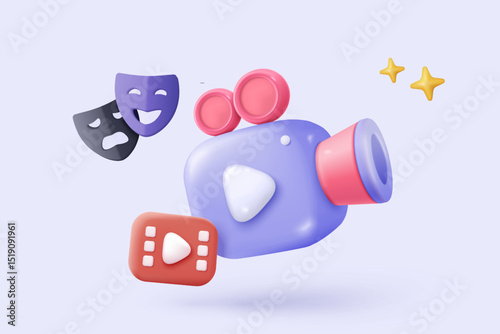 3d video camera icon isolated  with lens and button on pastel background. Realistic film movie icon, play button for streaming multimedia concept. 3d cinema record icon vector render illustration