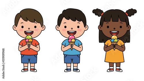Happy Diverse Children Enjoying Ice Cream Cones - Cartoon Illustration