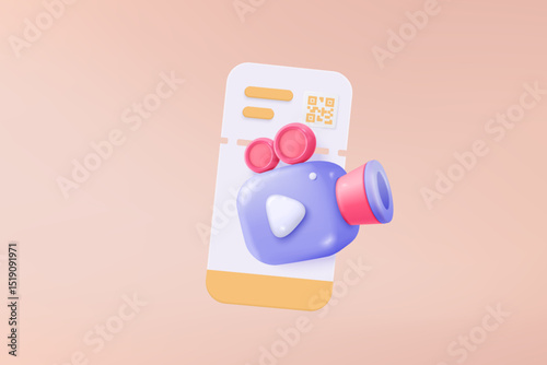3D cinema movie ticket with minimal film theater play icon, ready for watch movie in theatre. Media film for entertainment, booking ticket service. 3d vector cinema coupon icon render illustration