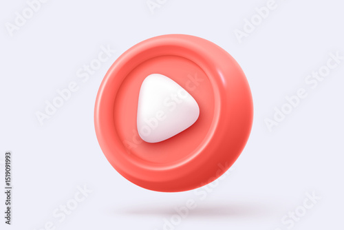 3d social media play video in background. Red round play button for start multimedia with colorful concept of video, audio playback. 3d media player button icon rendering vector illustration