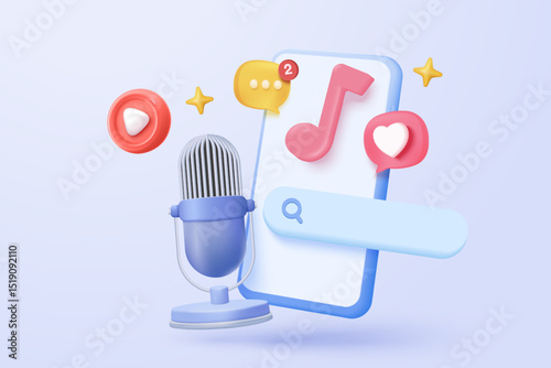 3d microphone with music note is symbol denoting a musical sound. mic record for music singing and audio tune or harmony tone concept. 3d microphone and melody notes icon vector render illustration