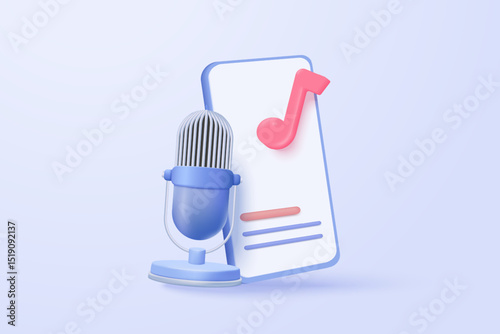 3d microphone with music note is symbol denoting a musical sound. mic record for music singing and audio tune or harmony tone concept. 3d microphone and melody notes icon vector render illustration